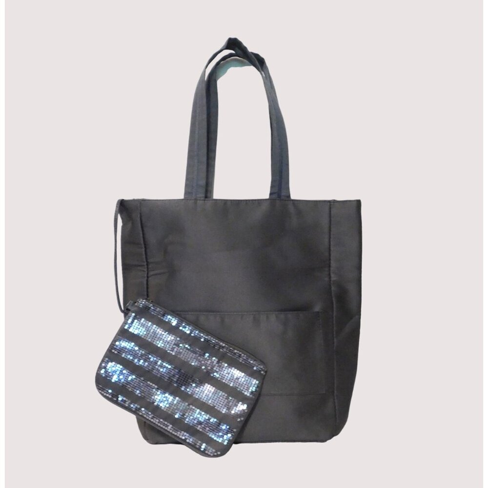 Bath and Body Works Tote and Matching Cosmetic Bag Gray Sequins Set of 2 Bags